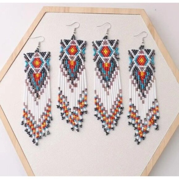 Handmade Long Beaded Tassel Earrings Large Native Bohemian - Picture 2 of 4